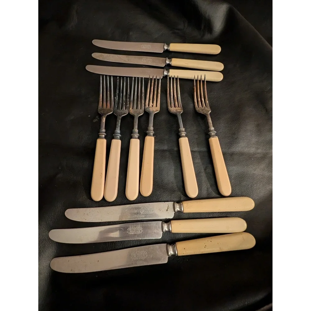 12 pc Universal Resistain Stainless Flatware Cream Handles Knife Fork